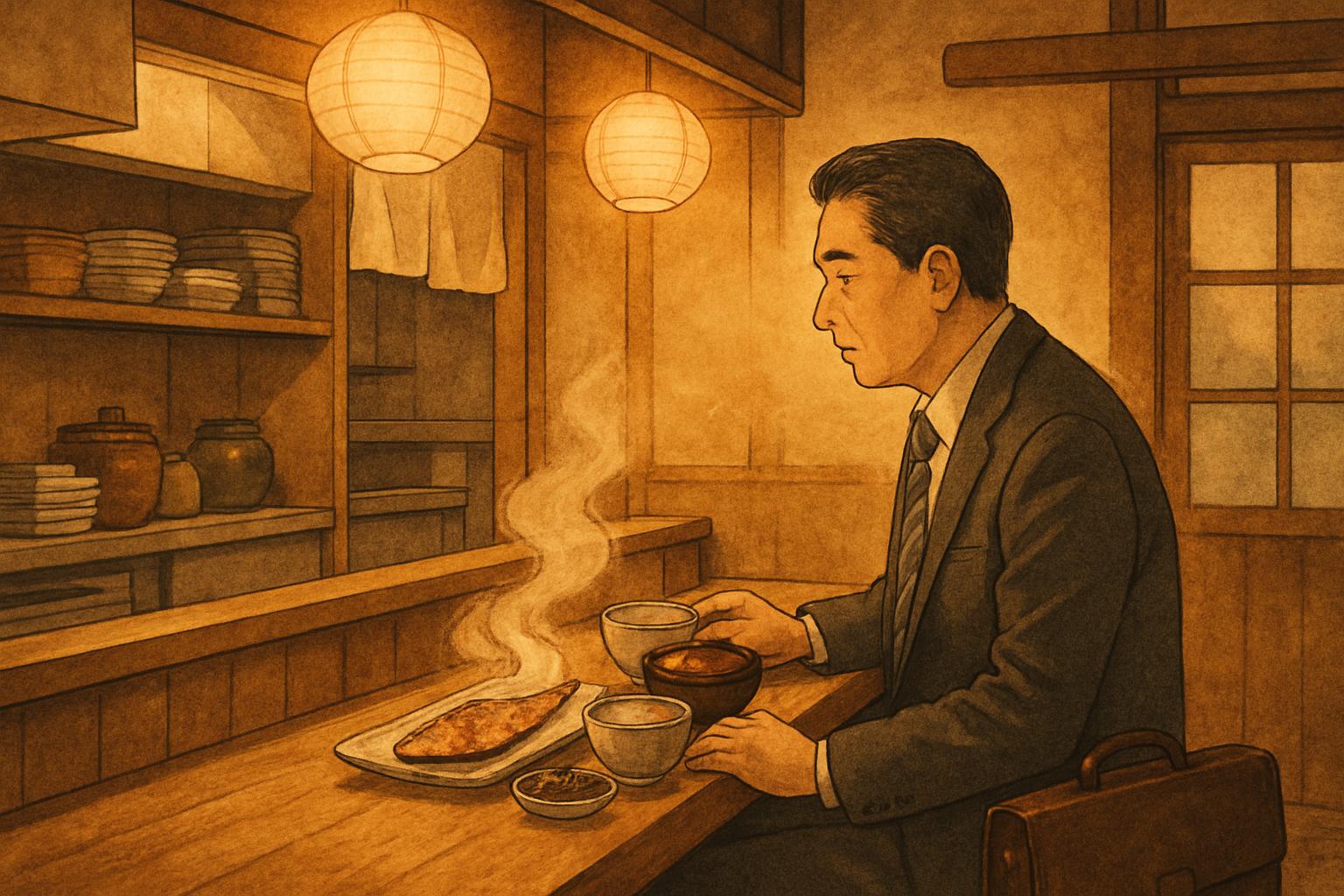 定食屋で一人静かに食事する男のシルエット(イメージ)